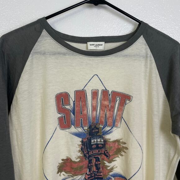 Saint Laurent Robot Shirt Size Medium Multi Graphic Logo Raglan Crew Wool Blend - Picture 8 of 15